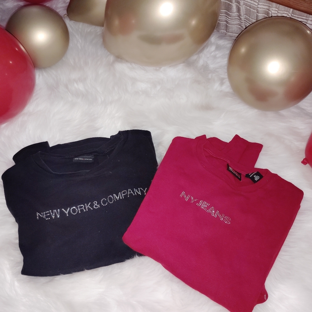New York & Company & NY Jeans Rhinestone Logo Shirts - Black & Red XL